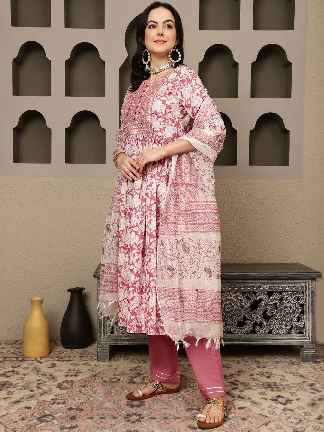 Mauve Floral Embroidered Pure Cotton Sequinned Kurta Kurta With Trousers & Dupatta