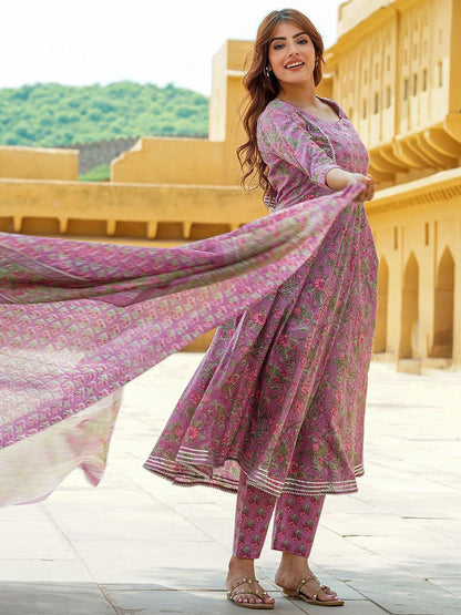 Dhiyona KL Floral Printed Gotta Patti Pure Cotton Anarkali Kurta With Trousers & Dupatta