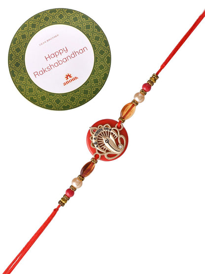 Dhiyona Red Resin-Based Ganesha Rakhi With Roli Chawal & Greeting Card