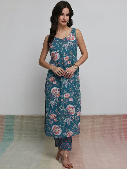 Teal Floral Printed Cotton Straight Kurta Set