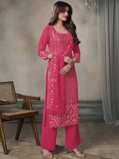 Dhiyona IN Floral Embroidered Sequinned Straight Kurta With Palazzos & Dupatta
