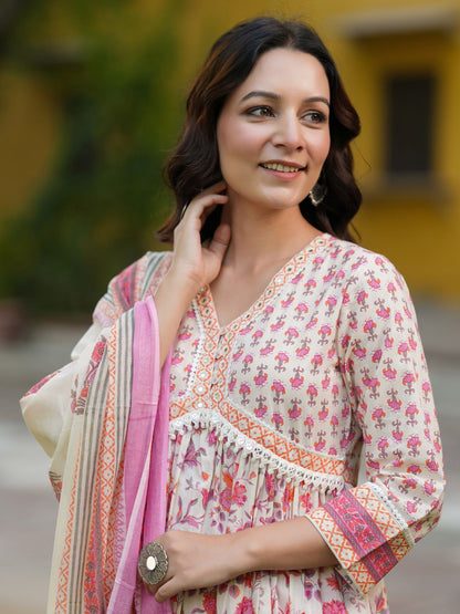 Dhiyona RR Women's Ethnic Motifs Printed Pure Cotton Kurta with Trousers & Dupatta