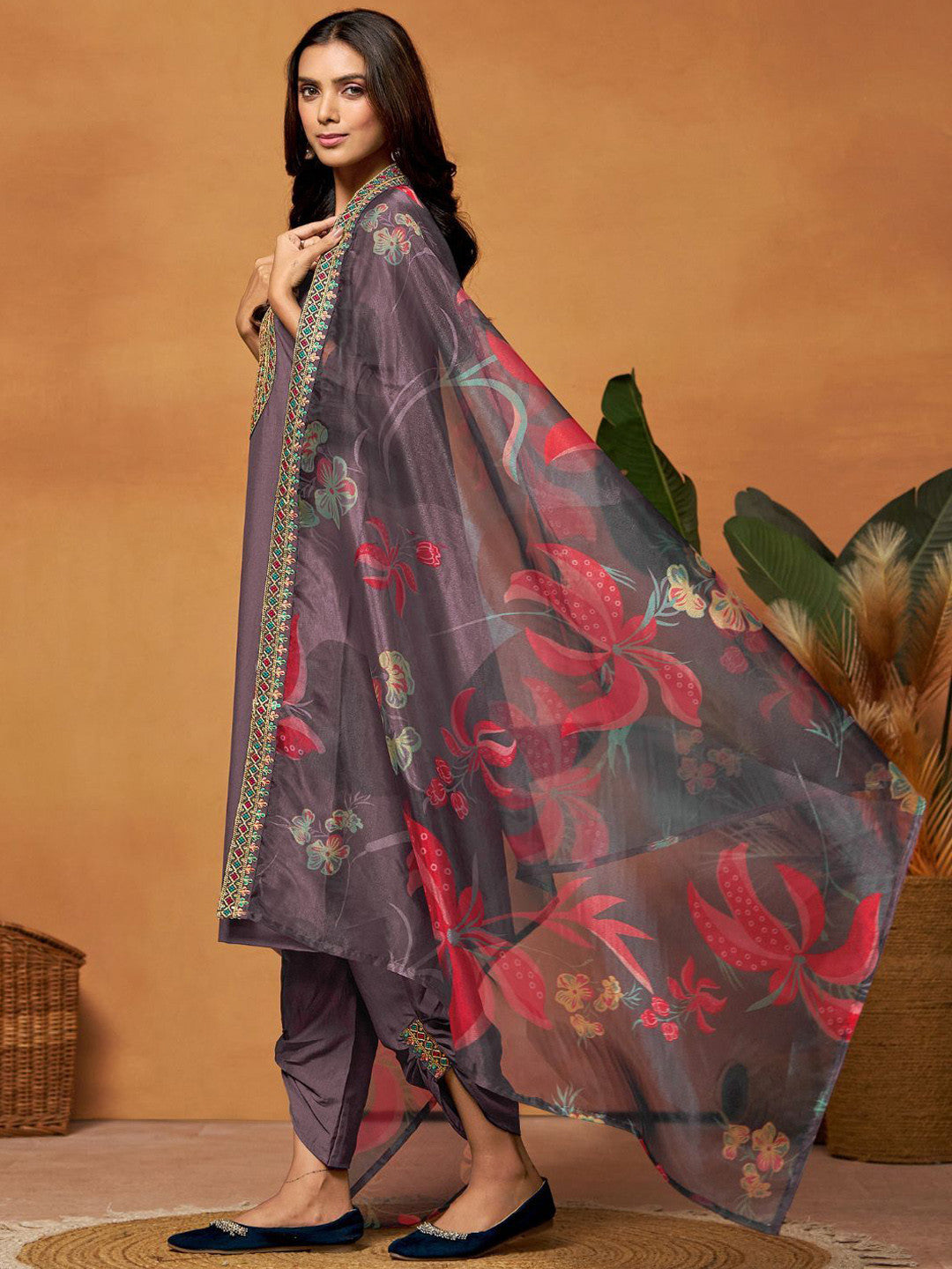 Embroidered Straight Kurta & Sharara With Dupatta
