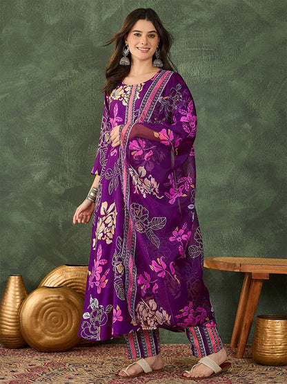 Dhiyona KL Women Printed Flared Kurta with Pant and Dupatta