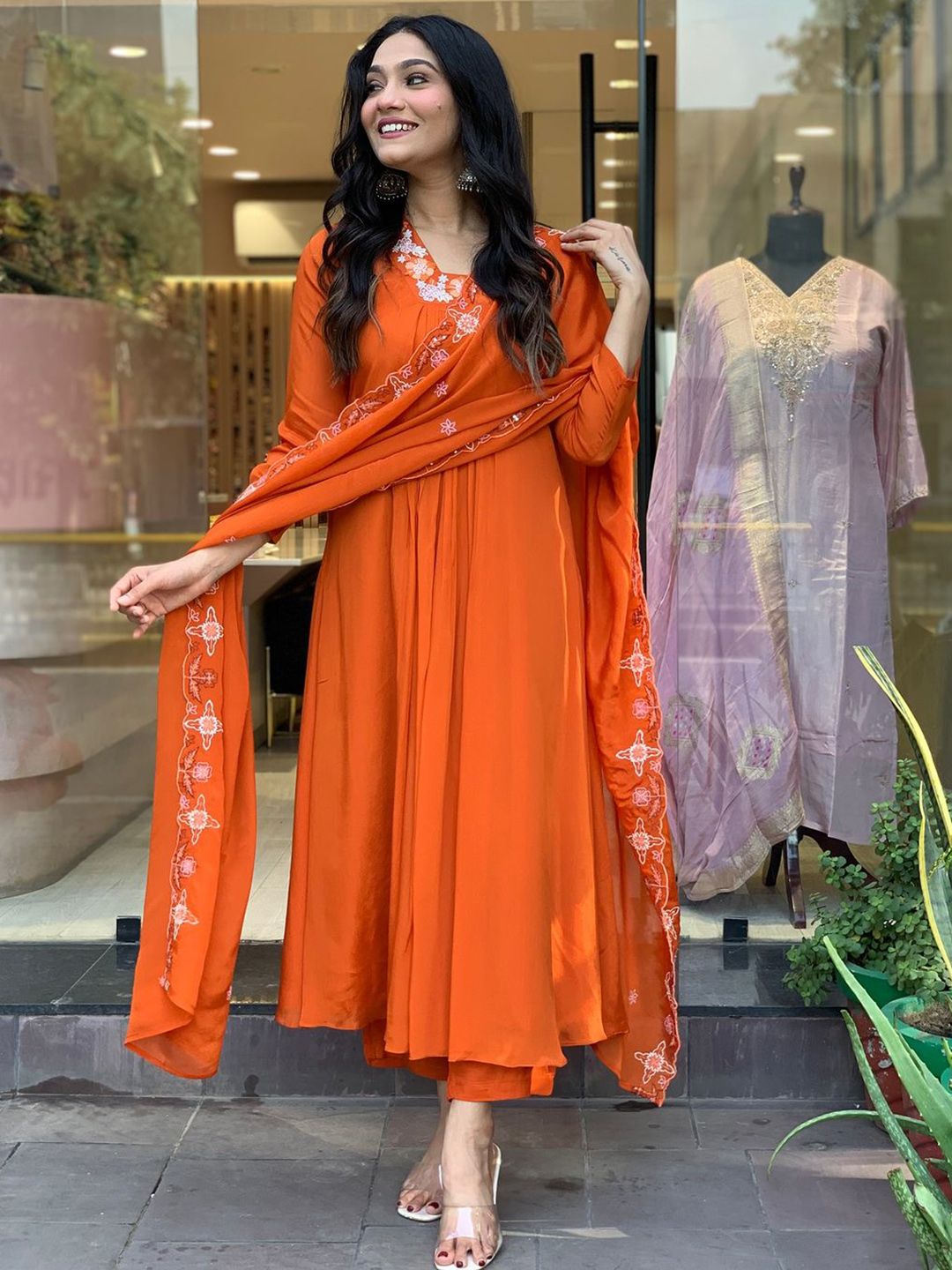 Dhiyona KL Floral Embroidered Anarkali Kurta with Trousers & Dupatta