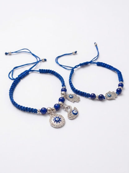 Dhiyona Set Of 2 Blue & Silver Evil Eye Design Bhaiya Bhabhi Rakhi With Roli Chawal Chandan