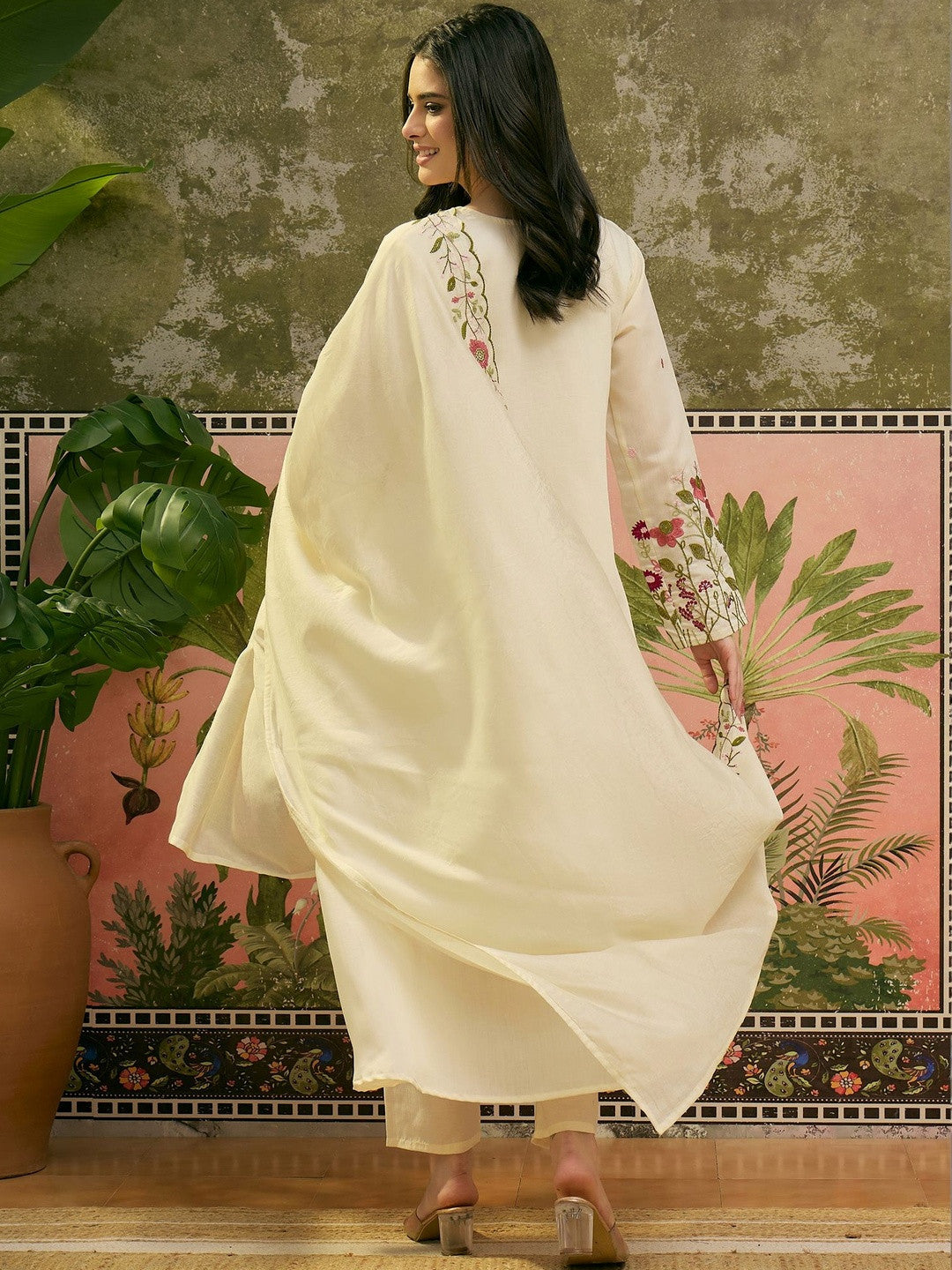 Embroidered V-Neck Kurta & Trousers with Dupatta Set