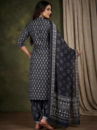 Printed V-Neck Kurta & Salwar With Dupatta