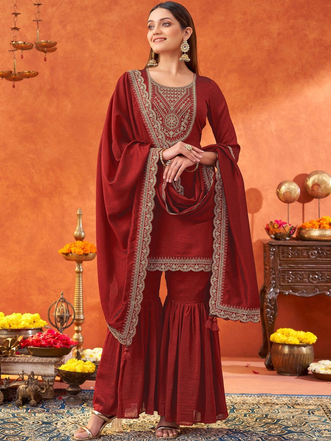 Dhiyona KL Women Ethnic Motifs Embroidered Regular Thread Work Kurta with Sharara & With Dupatta