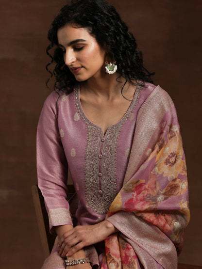 Women's LB Mauve Woven Design Silk Blend Straight Kurta With Palazzos & Dupatta