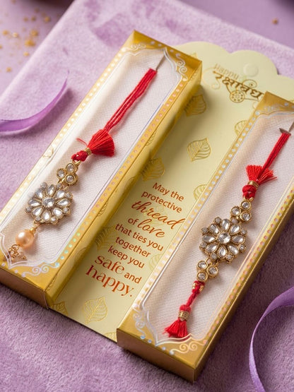 Dhiyona Set Of 2 Red Kundan Studded Floral Design Bhaiya Bhabhi Rakhi With Roli Chawal