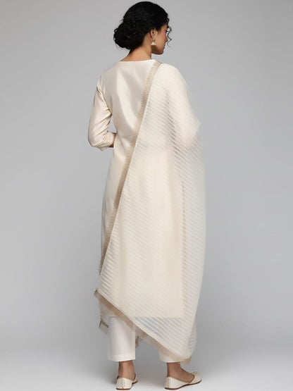 Off White Women Embroidered Regular Thread Work Kurta with Trousers & With Dupatta