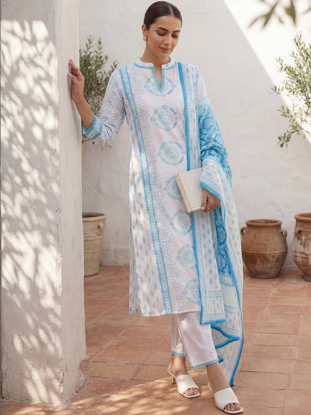 Women Ethnic Motifs Printed Regular Pure Cotton Kurta with Trousers & With Dupatta