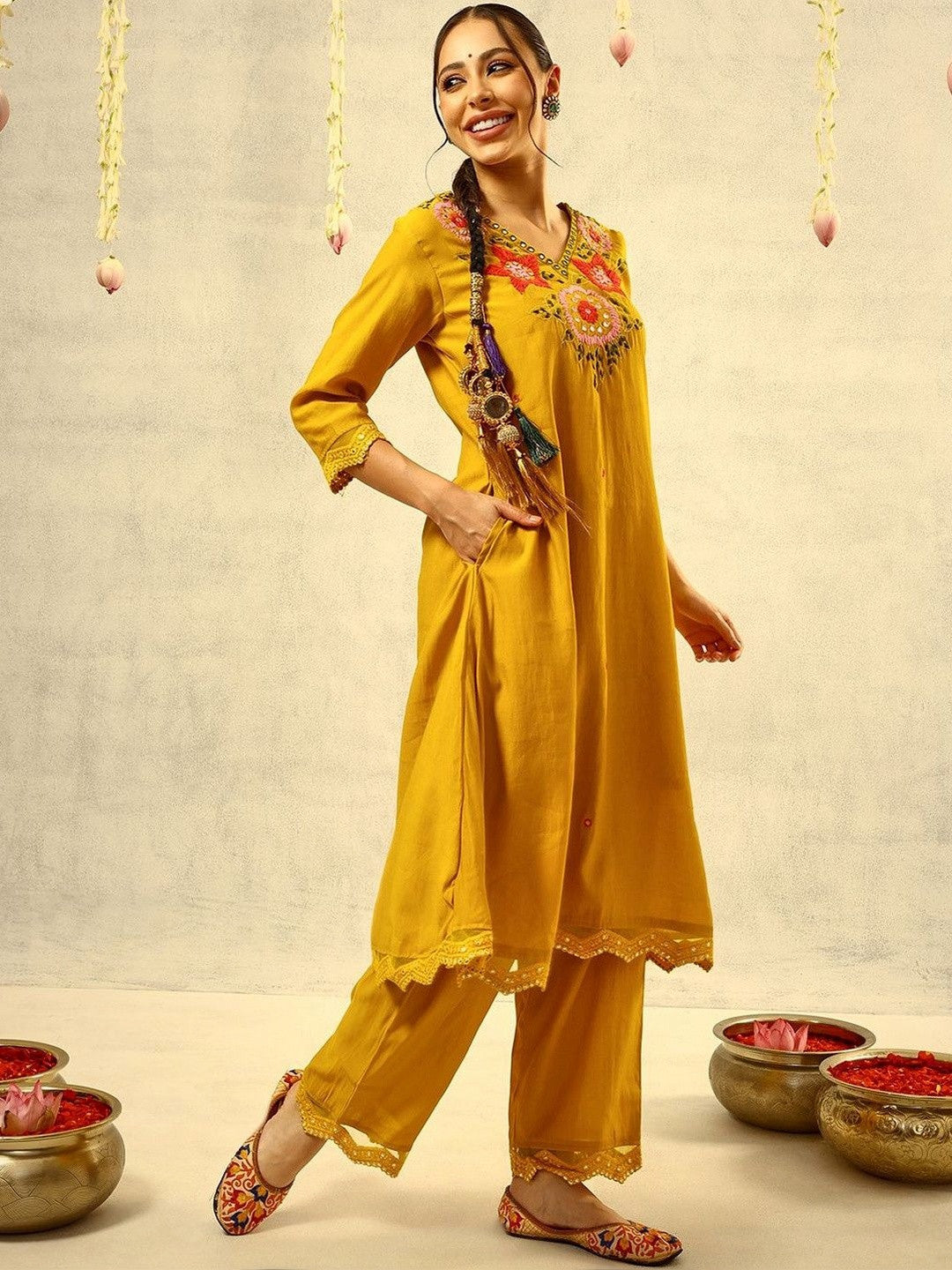 Embroidered V-Neck Kurta & Trousers With Dupatta