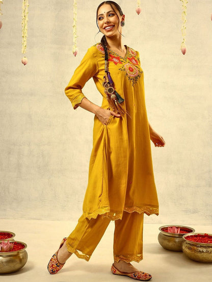 Embroidered V-Neck Kurta & Trousers With Dupatta