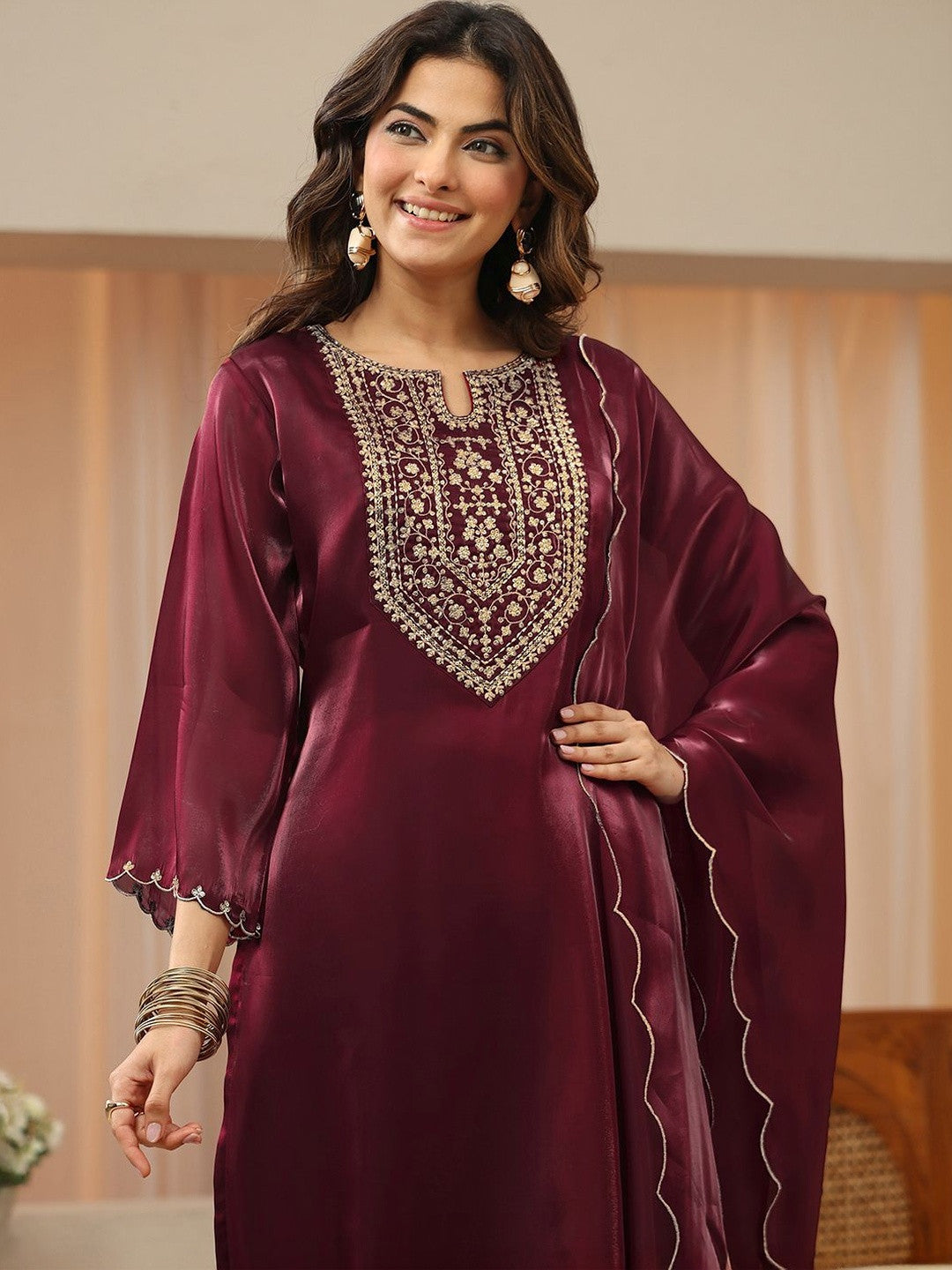 Libas Maroon Yoke Design Tissue Straight Suit Set