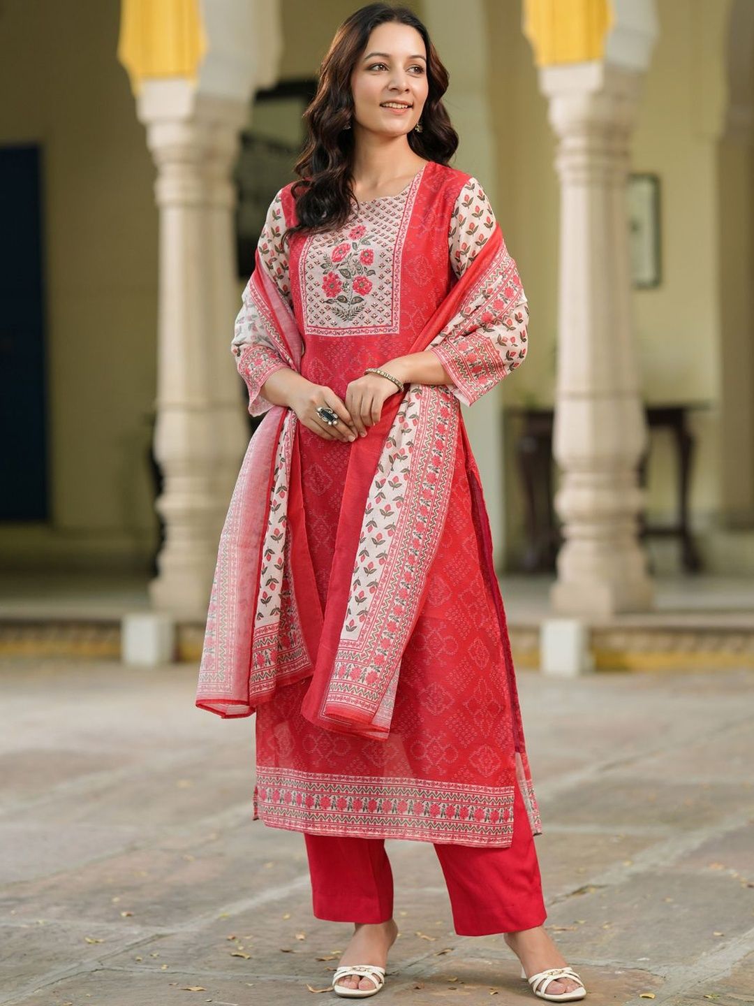 Dhiyona RR Women's Bandhani Printed Sequinned Chanderi Cotton Kurta With Trousers & Dupatta