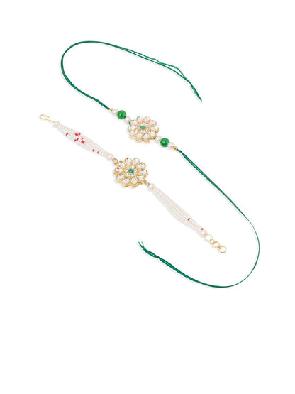 Dhiyona Set Of 2 Kundan Floral Design Gold Toned Bhaiya Bhabhi Rakhi Set With Roli Chawal