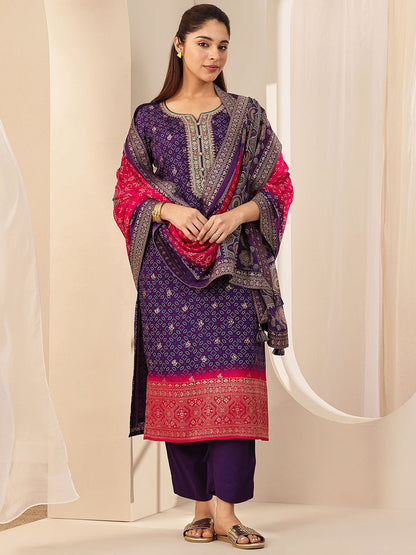 Women Bandhani Embroidered Round Neck Sequinned Kurta with Trousers & Dupatta