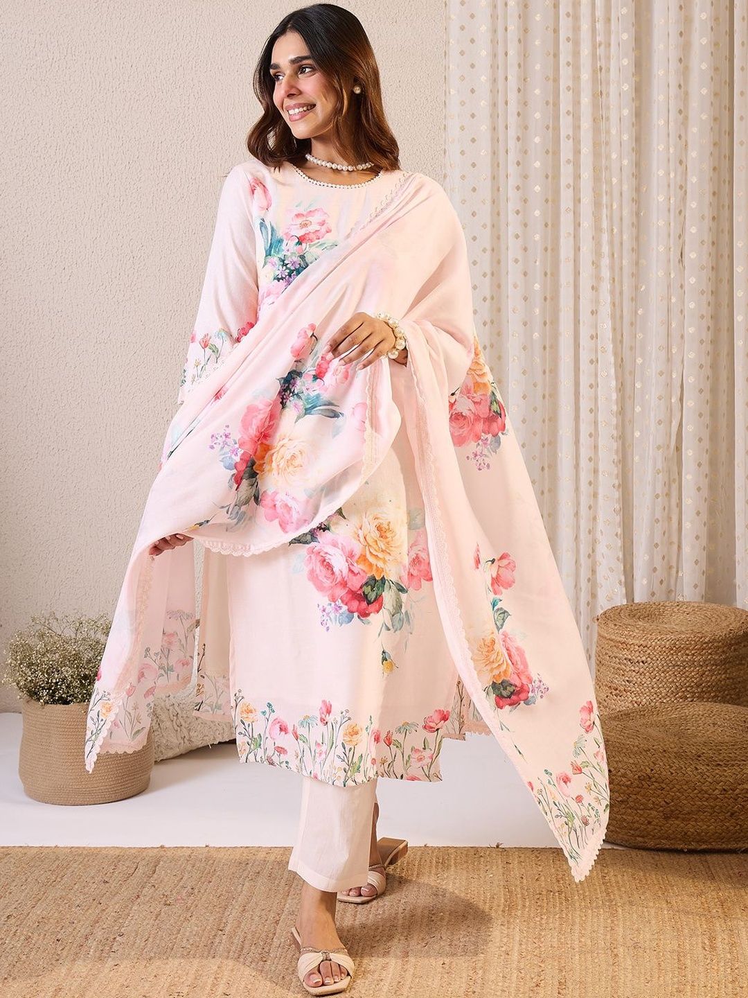 Dhiyona IE Floral Printed Round Neck Linen Straight Kurta & Trousers With Dupatta