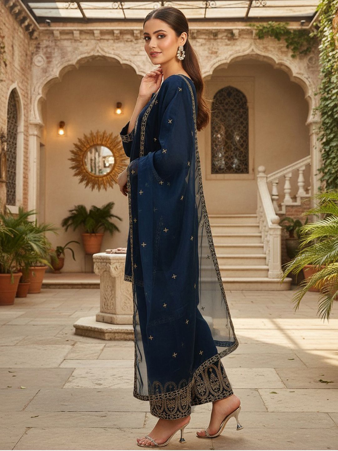Dhiyona KL Floral Embroidered Straight Kurta with Palazzos & Dupatta