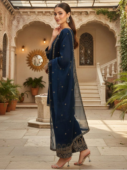 Dhiyona KL Floral Embroidered Straight Kurta with Palazzos & Dupatta