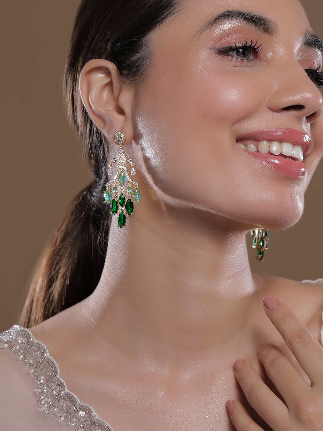 Dhiyona RJ Women's 22K Gold-Plated Emerald & Aqua Green AD & Cubic Zirconia Studded Chandelier Earring