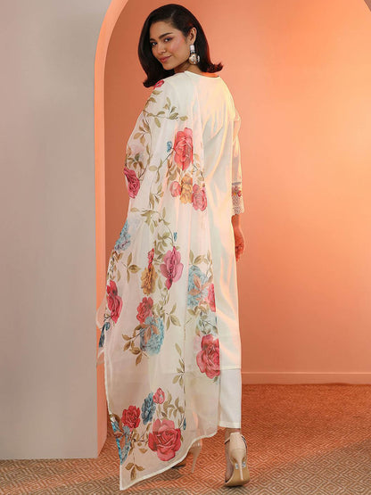 Floral Embroidered Thread Work Straight Kurta With Trousers & Dupatta