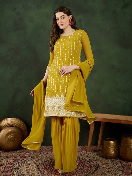 Dhiyona SN Embroidered Kurta With Sharara & Dupatta