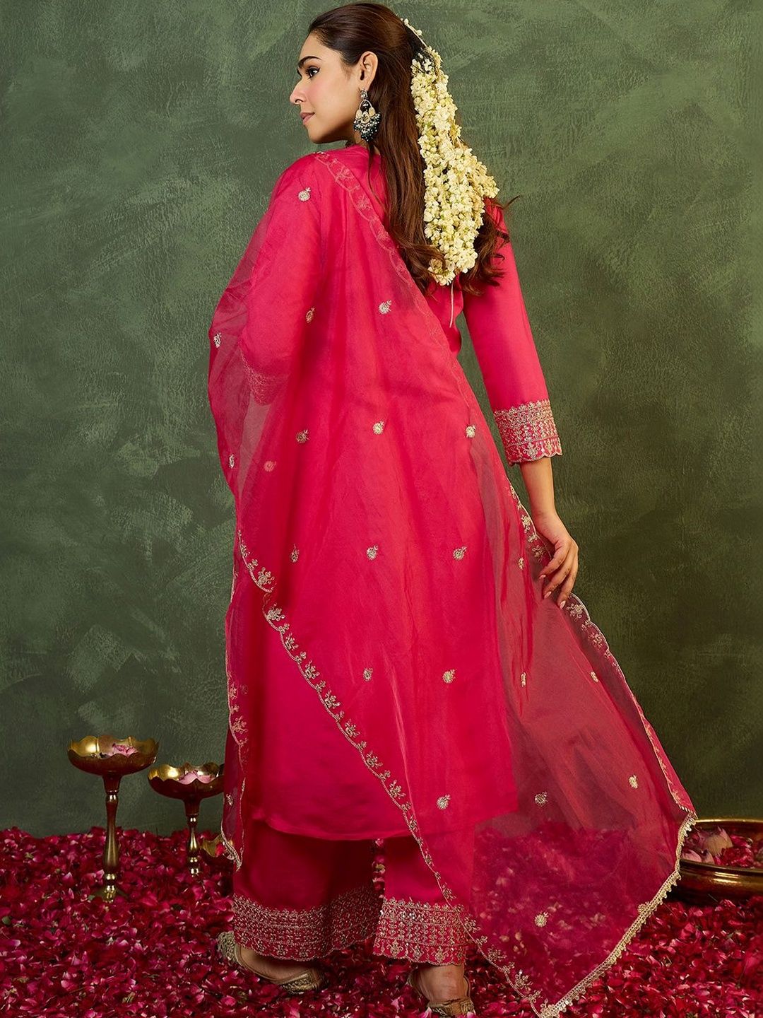 Dhiyona IE Women Ethnic Motifs Embroidered Regular Thread Work Kurta with Palazzos & With Dupatta