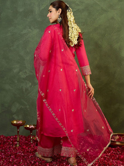 Dhiyona IE Women Ethnic Motifs Embroidered Regular Thread Work Kurta with Palazzos & With Dupatta