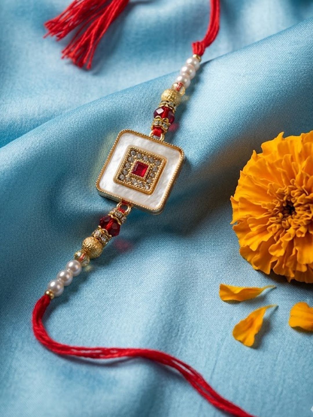 Dhiyona Square Design Multicolor Artificial Stones & Pearls Thread Rakhi With Roli Chawal