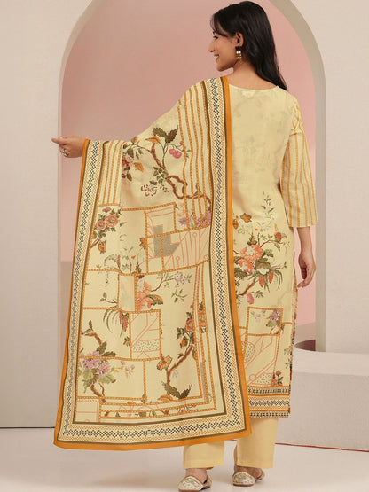 Beige Floral Print Muslin Straight Suit Set