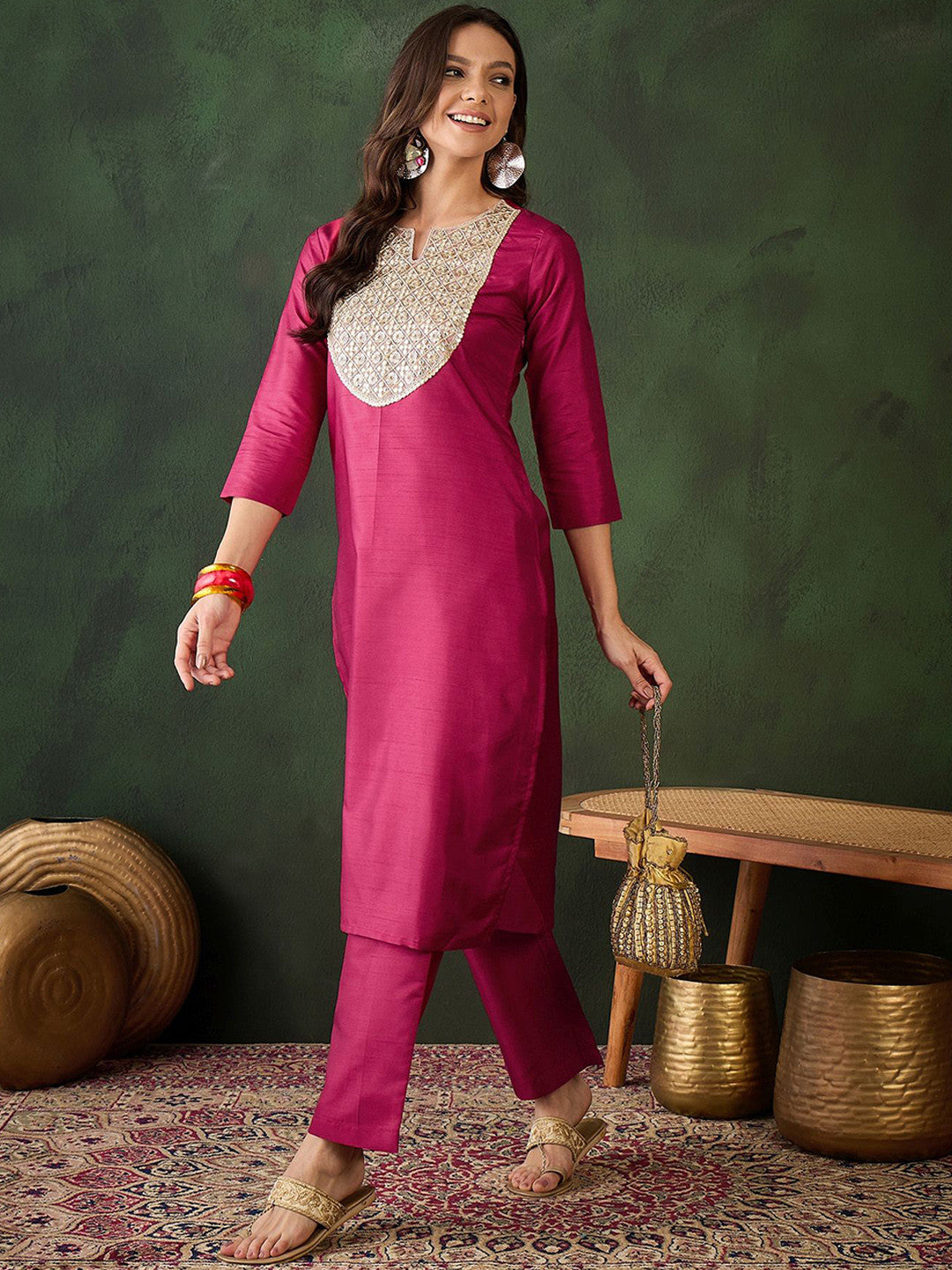 Ethnic Motifs Yoke Design Sequinned Straight Kurta With Trouser