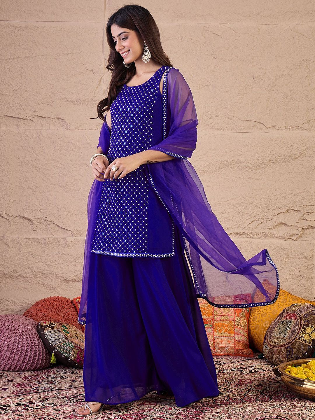 Dhiyona IN Embroidered Round Neck Sequinned Georgette Kurta With Palazzos & Dupatta