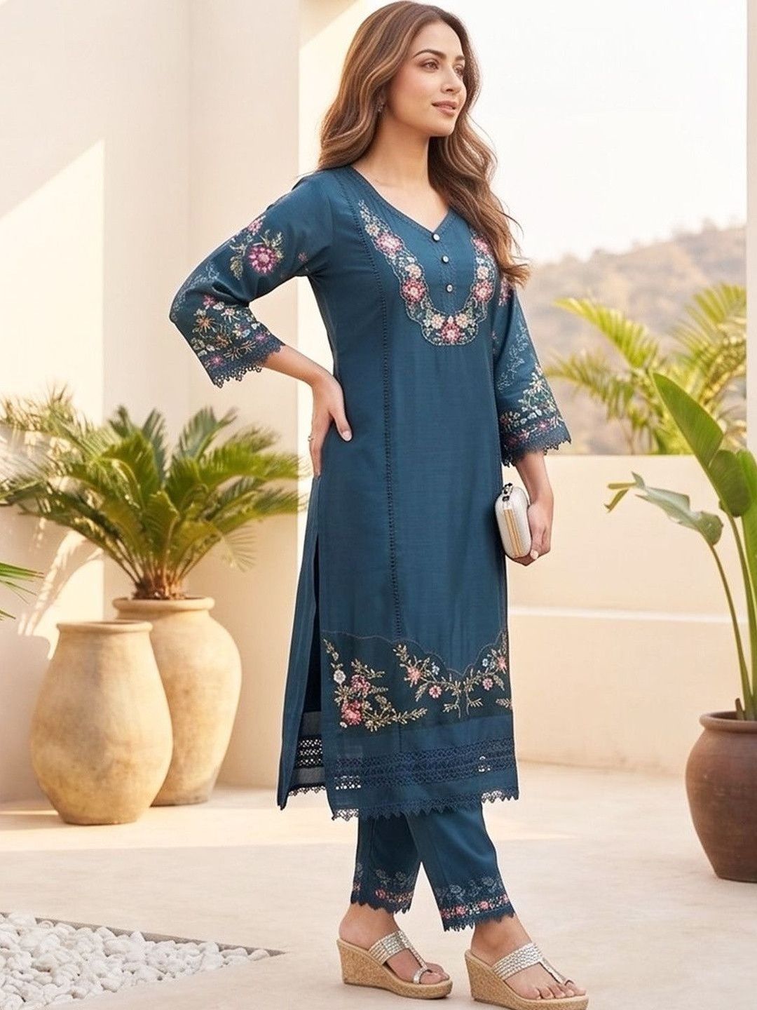 Teal Women Floral Embroidered Regular Thread Work Pure Cotton Kurta with Trousers & With Dupatta