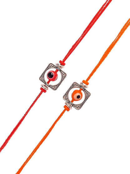 Dhiyona Silver Toned Set Of 2 Beaded Thread Rakhis With Roli Chawal & Greeting Card
