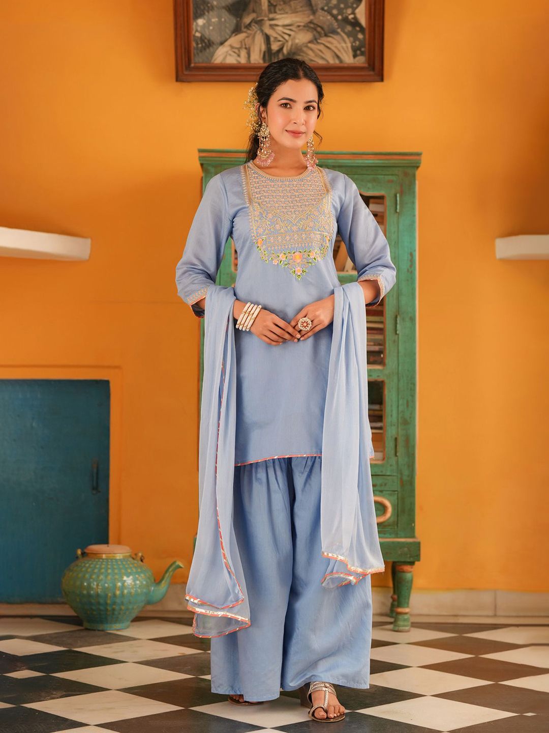 Dhiyona SC Women Blue Chanderi Silk Zari Embroidered Sharara Set