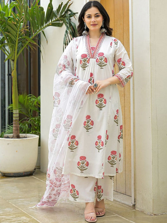 Dhiyona KL Women Printed Pure Cotton Kurta Sets With Dupatta