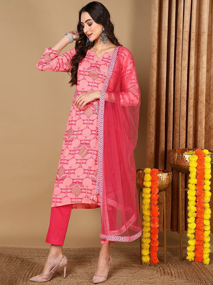 Dhiyona KL Floral Printed Notch Neck Straight Kurta With Trousers & Dupatta