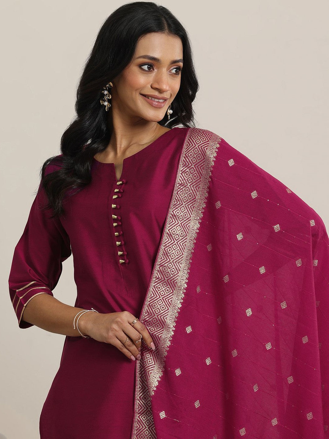Women Round Neck Regular Straight Kurta with Trousers & Dupatta