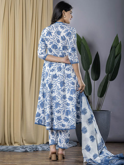 Dhiyona KL Floral Printed V-Neck Pure Cotton Anarkali Kurta With Trousers & Dupatta