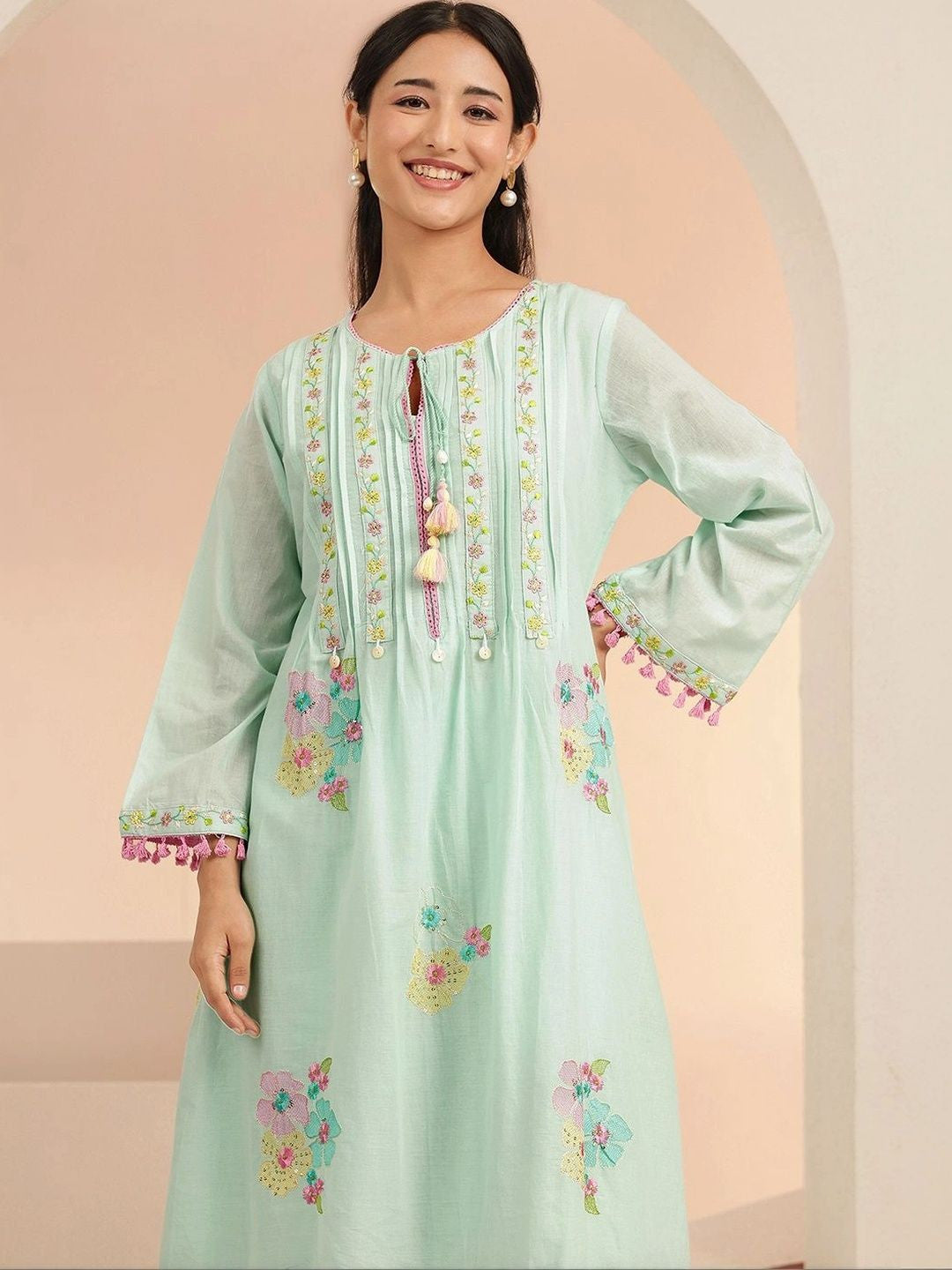 Ocean Blue Floral Embroidered Cotton A-Line Kurta Set
