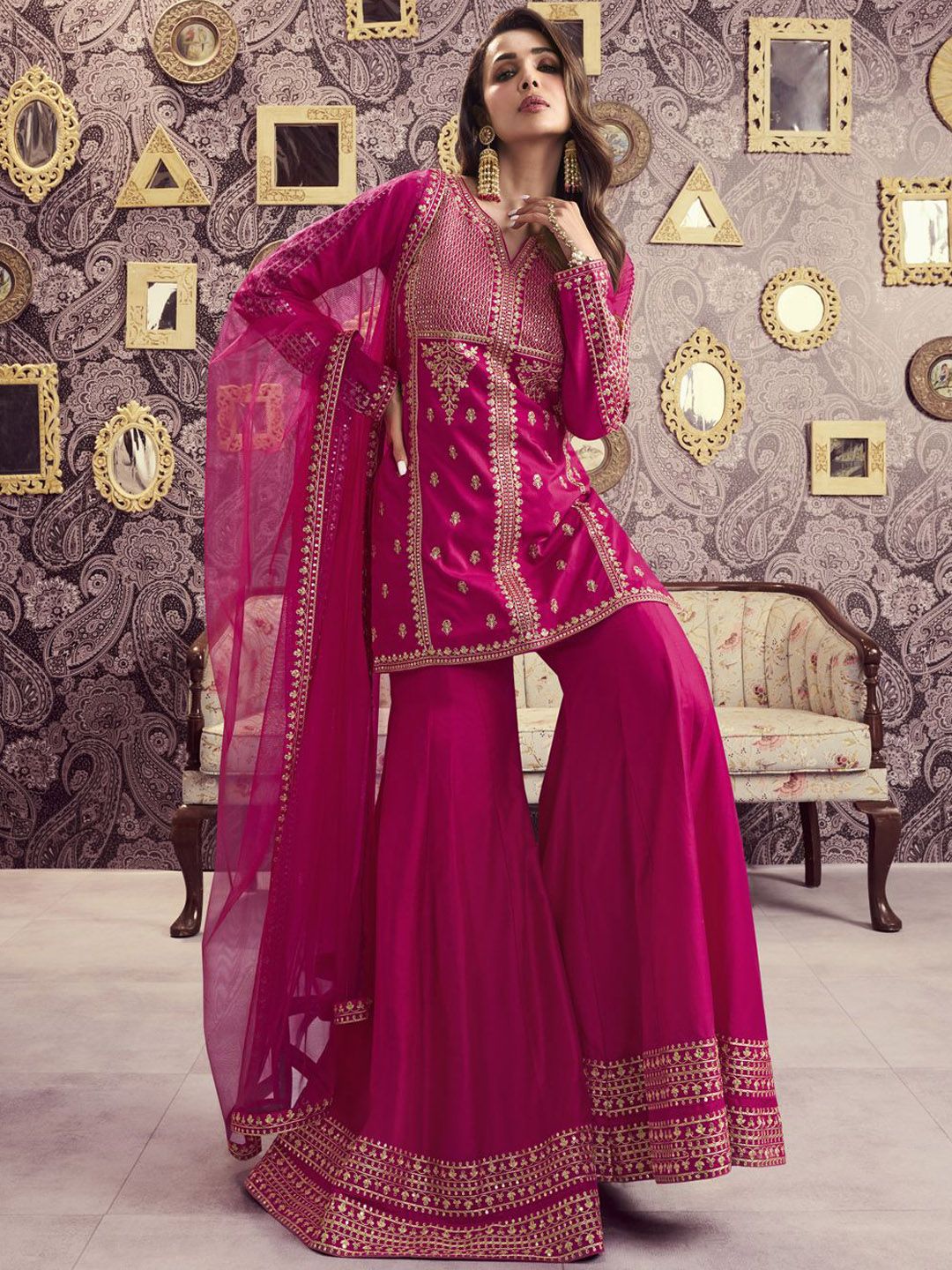 Dhiyona IN Ethnic Motifs Embroidered Notch Neck Sequinned A-Line Kurta With Sharara & Dupatta