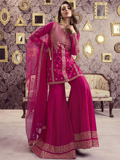 Dhiyona IN Ethnic Motifs Embroidered Notch Neck Sequinned A-Line Kurta With Sharara & Dupatta