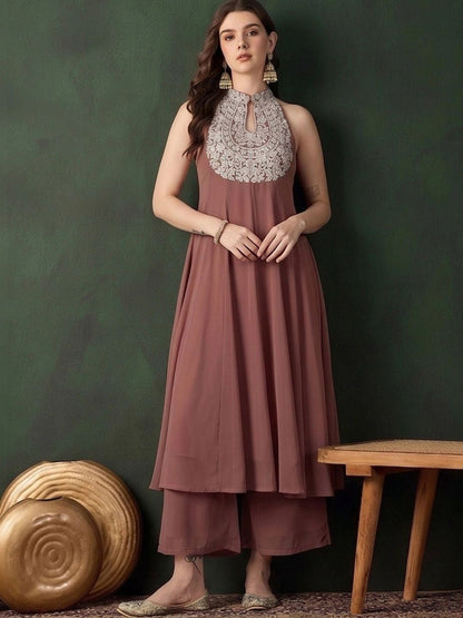 Women Ethnic Motifs Embroidered Regular Thread Work Silk Georgette Kurta with Palazzos