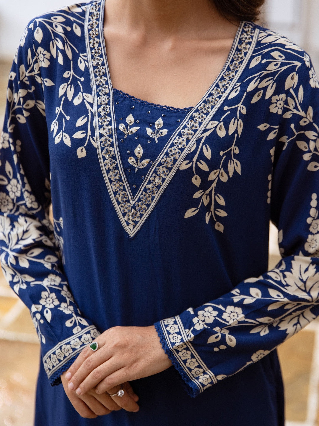 Embroidered & Printed V-Neck Kurta & Palazzos