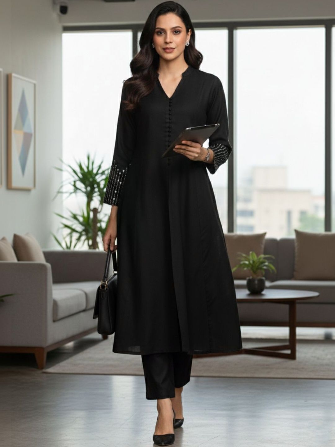Black Women Regular Sequinned Kurta with Trousers