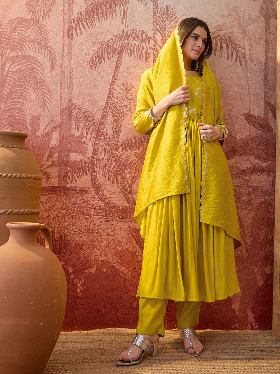 Dhiyona SN Embroidered & Zari-Detailed A-Line Kurta Sets With Dupatta