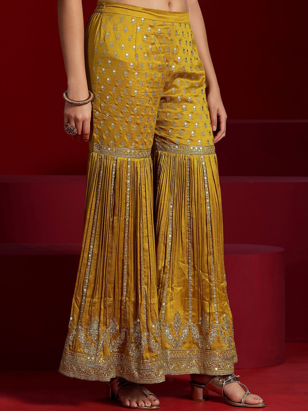 Dhiyona LL Floral Embroidered Empire Sequinned Anarkali Kurta with Sharara & Dupatta